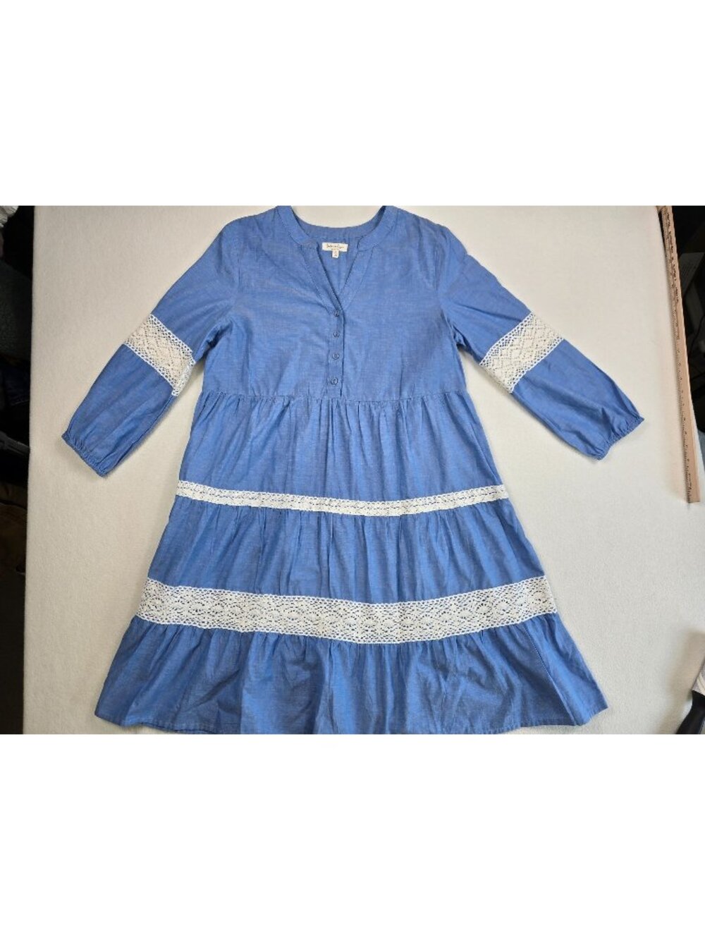 Linda Anderson Small Blue Tiered Chambray Dress Crochet Lace Trim 3/4 Sleeves